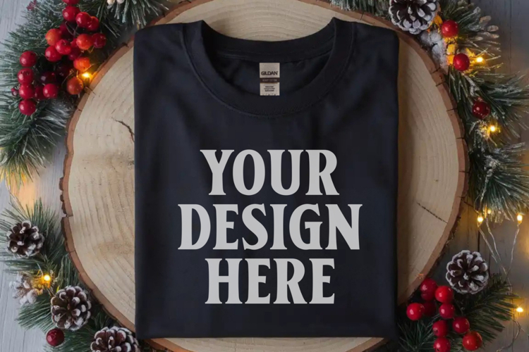 Gildan 64000 Black Folded Christmas Flat Lay T-shirt Mockup