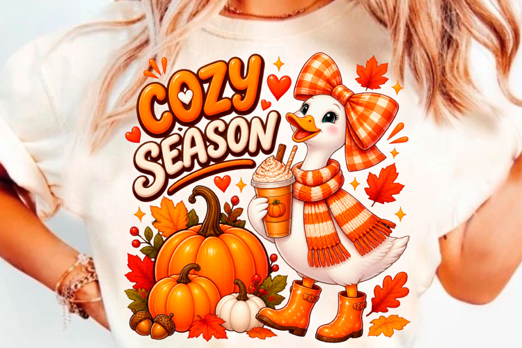 Cozy Season Autumn Duck Pumpkin Coffee Fall T-Shirt Design