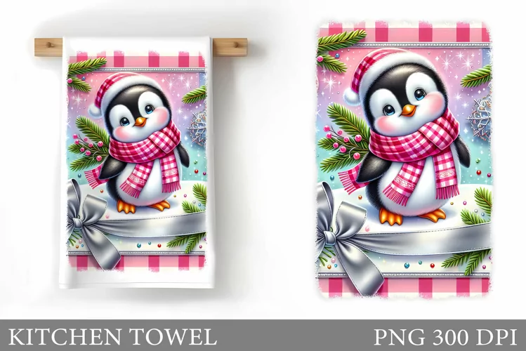 Cute Penguin Kitchen Towel. Christmas Kitchen Towel Design