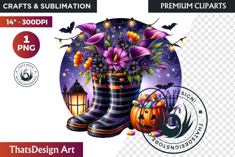 Halloween Floral Rain Boots - Cute Witchy Garden Clipart PNG