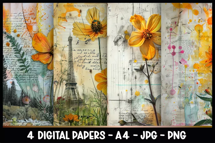 4 Vintage Floral Digital Papers I Junk Journal Pages