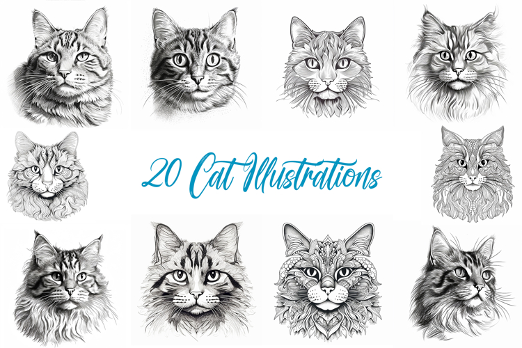 20 Cat Kitten Illustration JPG Drawings Coloring Book Design