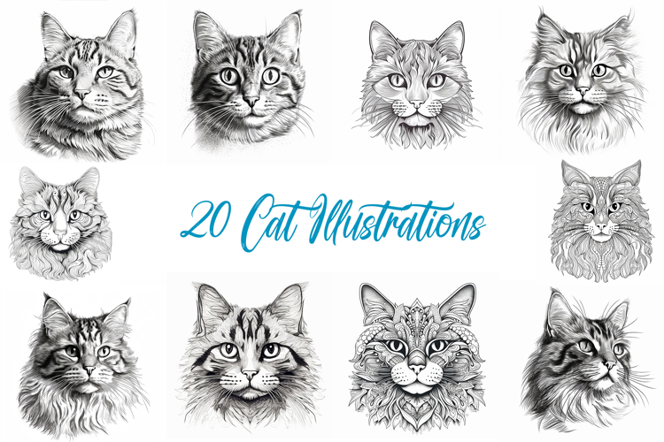 20 Cat Kitten Illustration JPG Drawings Coloring Book Design