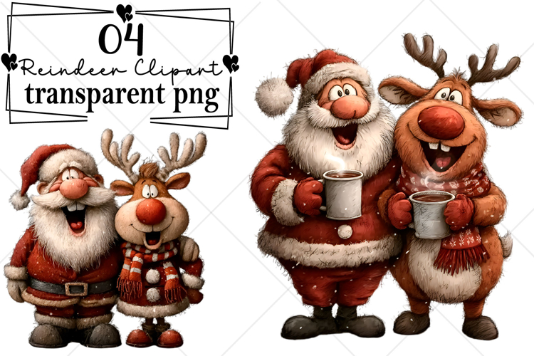 Santa & Reindeer Christmas Clipart Watercolor PNG