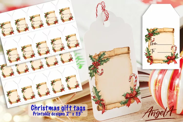 Christmas printable gift tag, retro paper, papyrus, holly