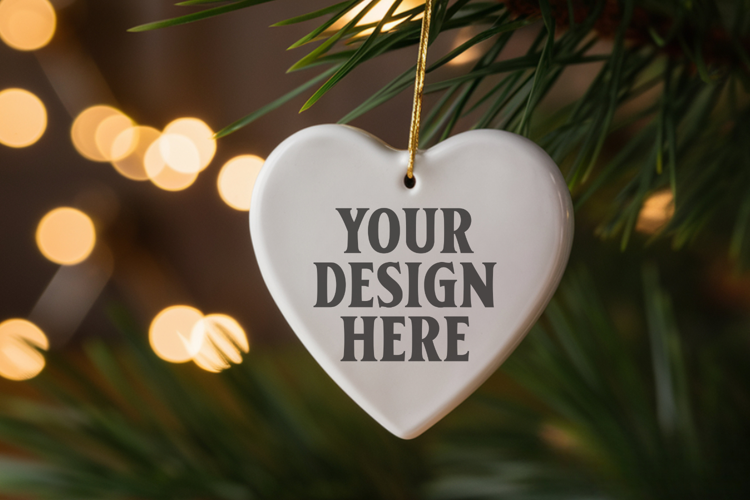 Romantic Christmas Ceramic Heart Ornament Mockup | Holiday