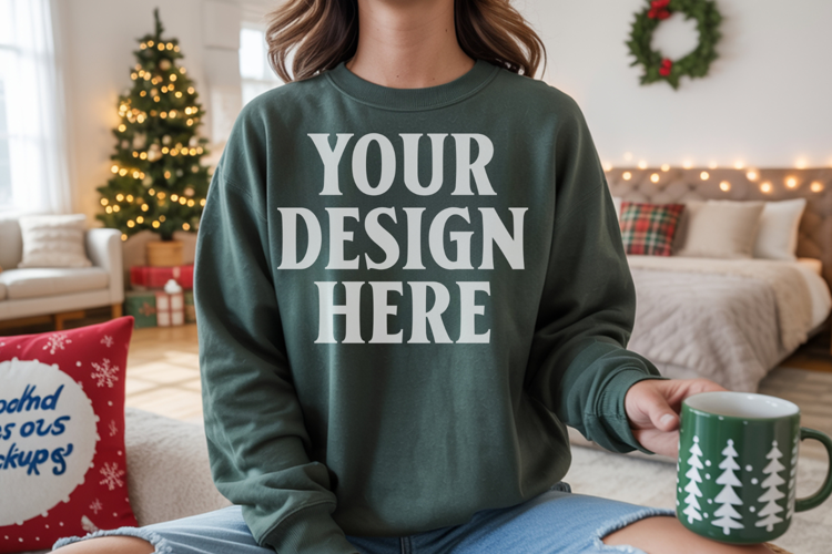 Comfort Colors 1566 Blue Spruce Sweatshirt Mockup Real Model