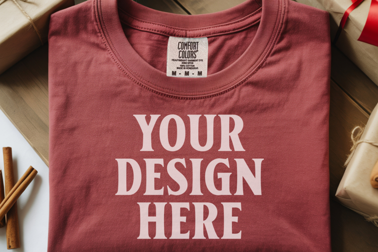 Crimson Comfort Colors 1717 Christmas Folded T-Shirt Mockup
