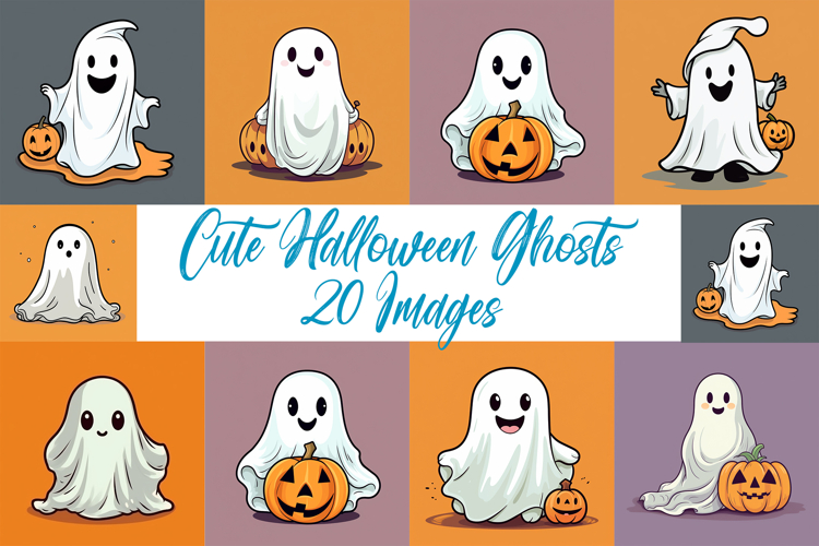 20 Cute Halloween Ghost Cartoon Illustration Characters JPG