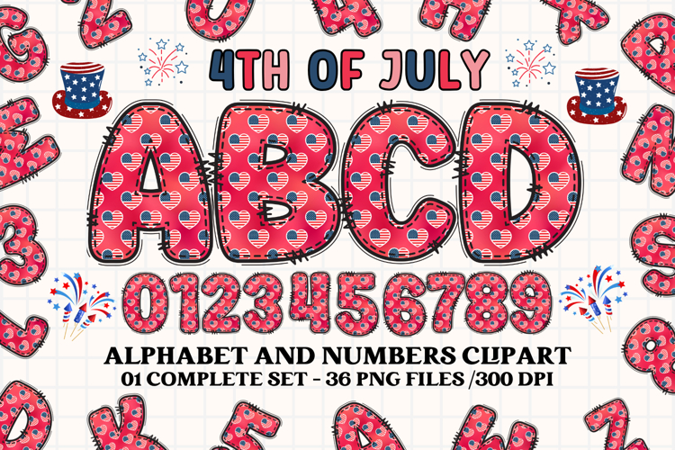 4th July Alphabet png clipart, independence letters doodle