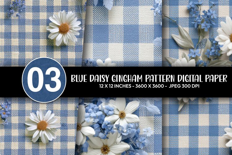 Blue Daisy Gingham Pattern Digital Paper example image 1