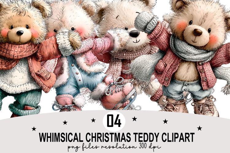 Whimsical Christmas Teddy Clipart Watercolor PNG example image 1