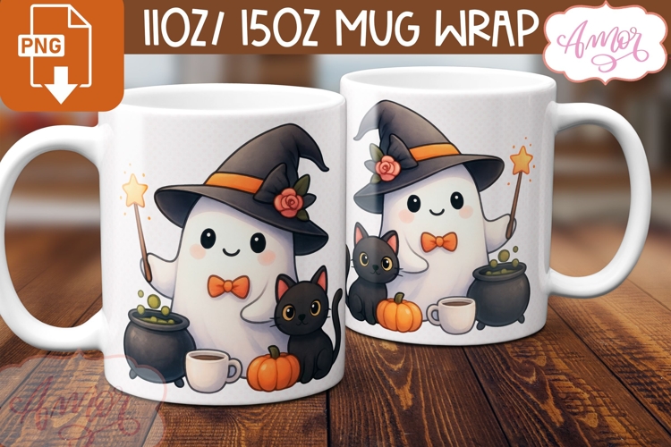 Cute Halloween mug wrap PNG, Cute Witch Ghost mug PNG