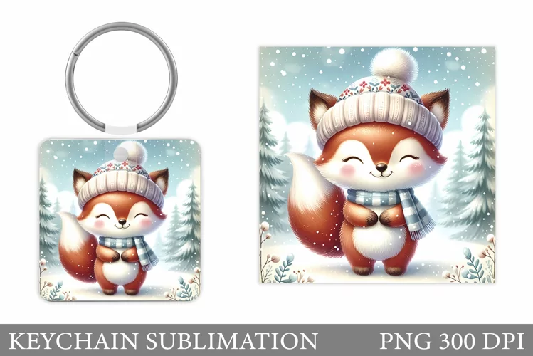Christmas Fox Keychain. Christmas Keychain Sublimation