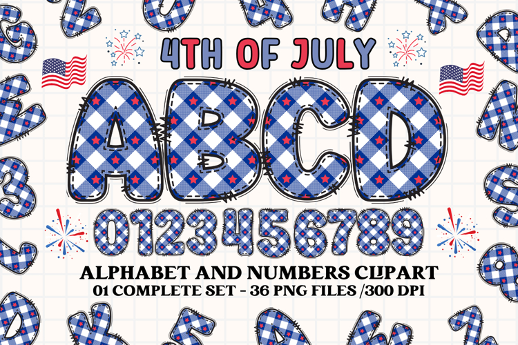 4th July Alphabet png clipart, independence letters doodle