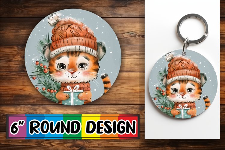 Winter Holiday Animals Round Design Keychain Sublimation