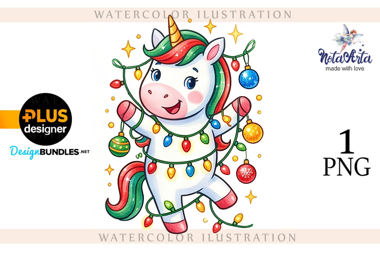 Christmas Unicorn Watercolor Illustration