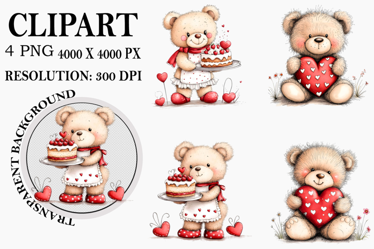 Whimsical Valentine Teddy Bear Clipart Watercolor PNG