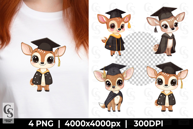 Cute Graduation Deer Kawaii Animal Clipart Sublimation PNG