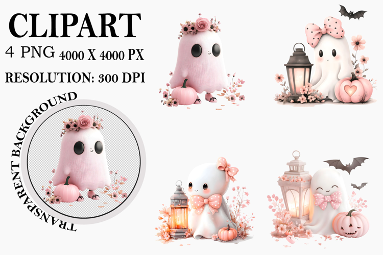 Pink Ghost whimsical Halloween clipart Watercolor PNG