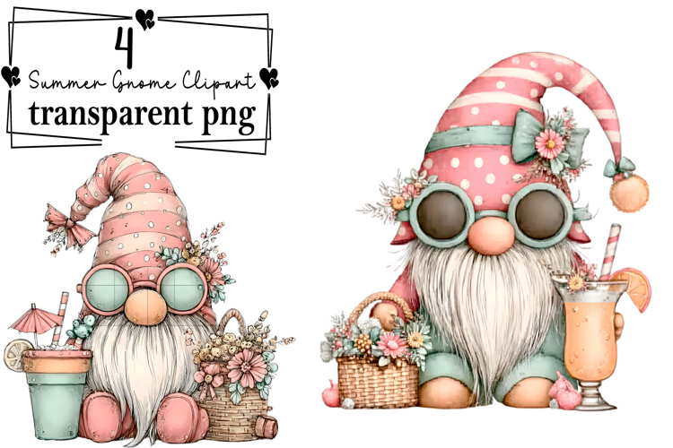 Whimsical Summer Gnome Clipart Watercolor PNG example image 1