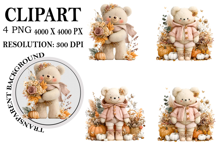 Whimsical Fall Teddy Bear Clipart Watercolor PNG example image 1