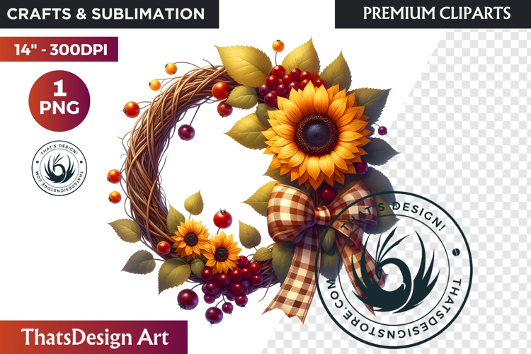 Sunflower Autumn Wreath - Rustic Farmhouse Harvest PNG