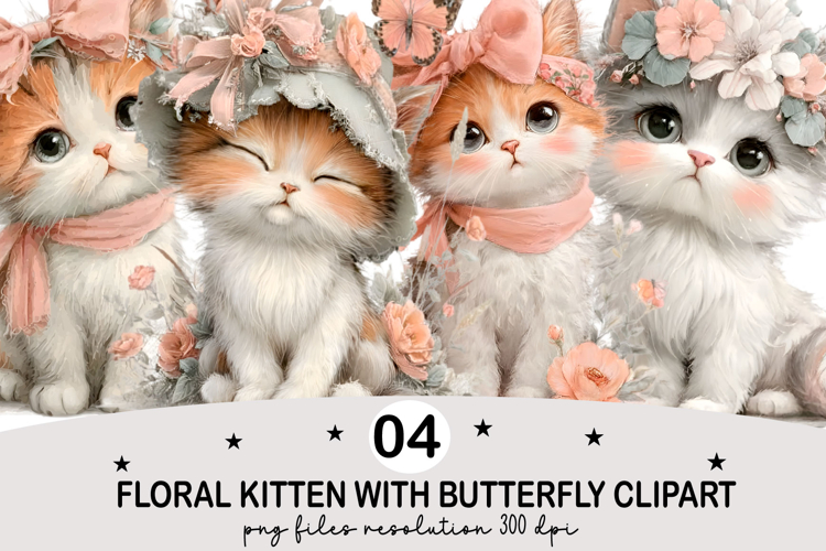 Floral Kitten with Butterfly Clipart Watercolor png