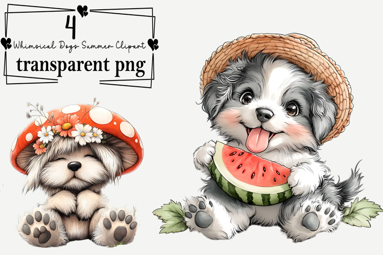 Whimsical Dogs Summer Clipart Watercolor PNG
