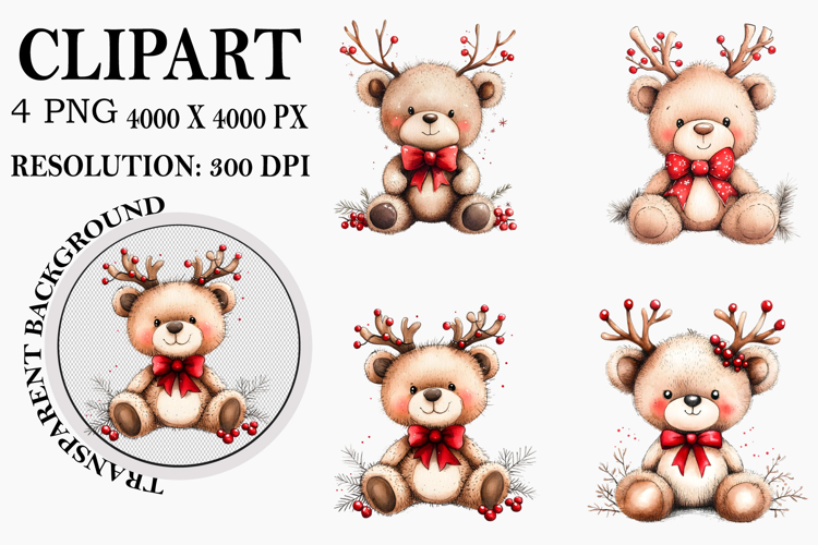 Whimsical Christmas Bears Clipart Watercolor PNG