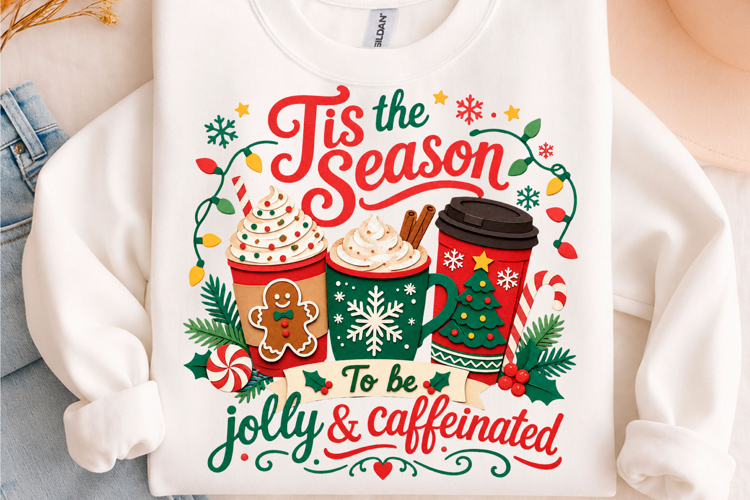 Tis The Season Jolly Caffeinated Christmas T-Shirt Design