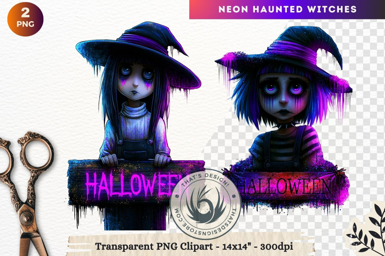 Neon Haunted Witches Clipart, Spooky Kawaii Halloween PNG