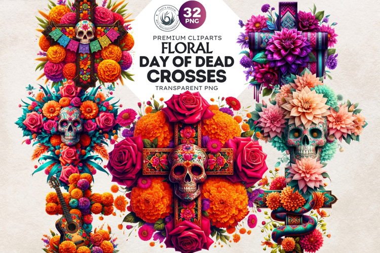 Floral Day of Dead Crosses Clipart Set Sugar skull PNG