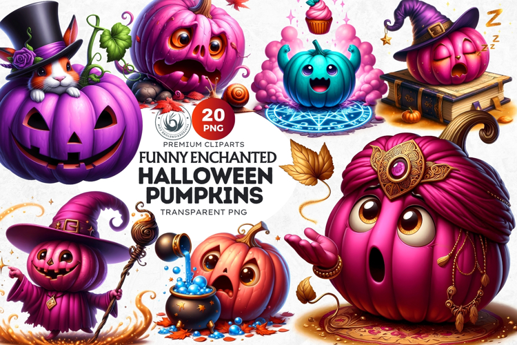 Funny Enchanted Pumpkins PNG Set, Cute Kawaii Halloween PNG