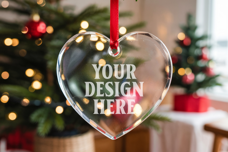 Christmas Heart Crystal Glass Ornament Mockup | Clear Heart