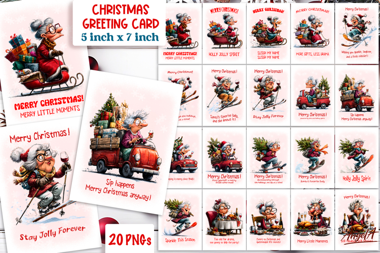 Christmas card printable Old lady Grandma holiday wishes PNG