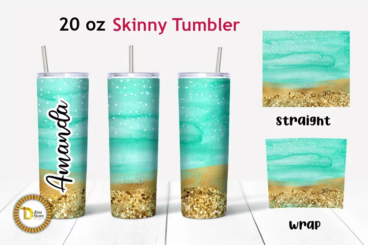 Aqua Watercolor Gold Glitter 20 Oz Skinny Tumbler PNG