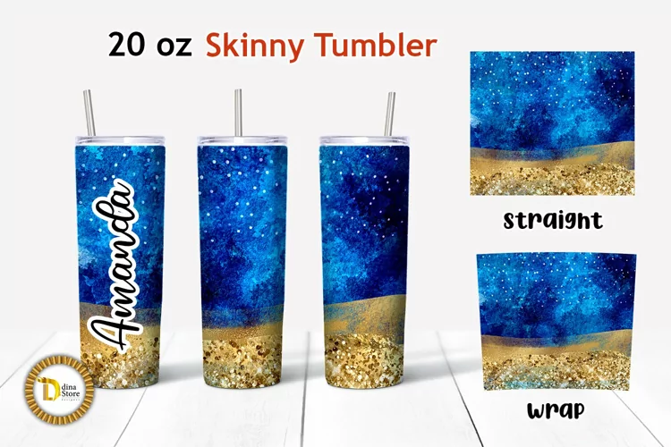 Dark Blue Watercolor Gold Glitter 20 Oz Skinny Tumbler PNG
