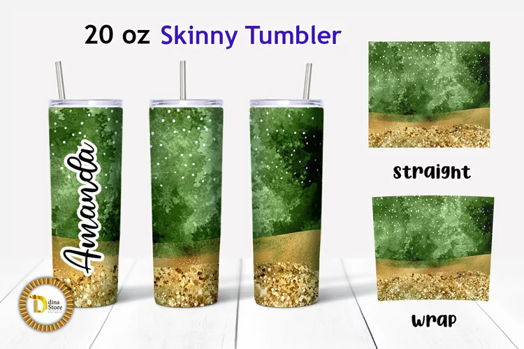 Green Watercolor Gold Glitter 20 Oz Skinny Tumbler PNG