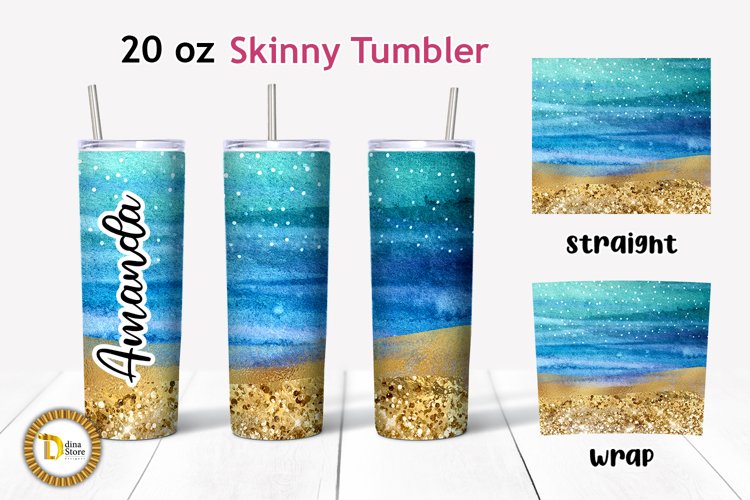 Summer Watercolor Gold Glitter 20 Oz Skinny Tumbler PNG