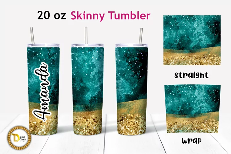 Turquoise Watercolor Gold Glitter 20 Oz Skinny Tumbler PNG