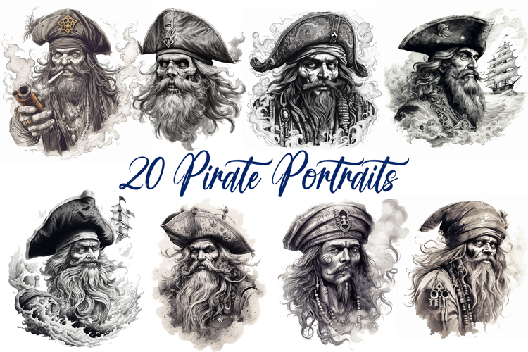 20 Pirate Illustration Portraits Drawn Characters Logo JPG