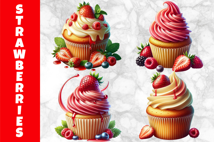 Strawberry Cupcake Clipart, Cupcake with Cream and Berries