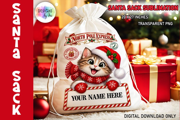 Christmas Kitten Santa Sack Sublimation PNG example image 1