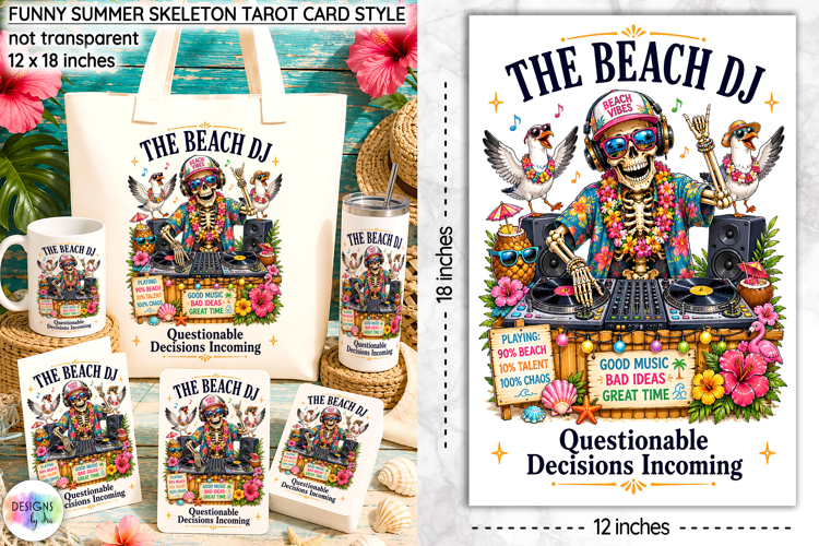 Funny Summer Skeleton Tarot Card Design, Beach DJ Skeleton