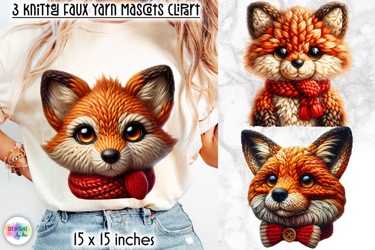 Knitted Fox Clipart, Faux Yarn Plush Fox Mascot, Crochet