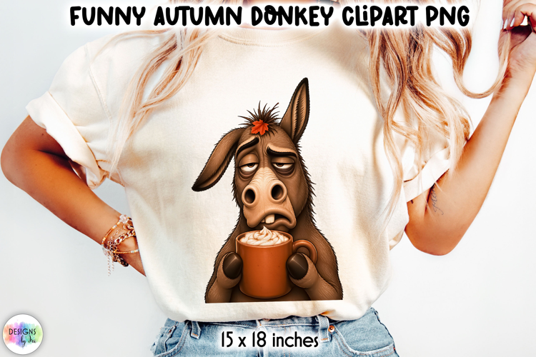 Tired Donkey with Pumpkin Spice Drink Clipart PNG