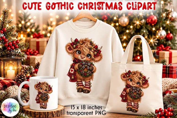 Cute Gothic Christmas Highland Calf PNG Clipart