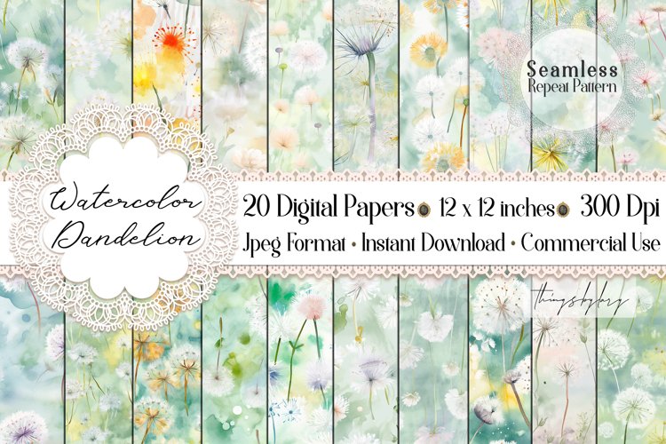 20 Seamless Watercolor Dandelion Digital Papers