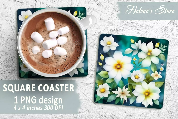 Floral Square Coaster | White flowers Sublimation Coasters